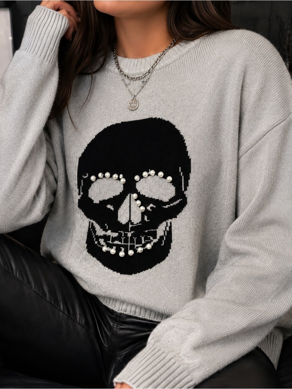 Vigoss Women’s Gray Rhinestone Skull Goth Grunge Knit Sweater Medium